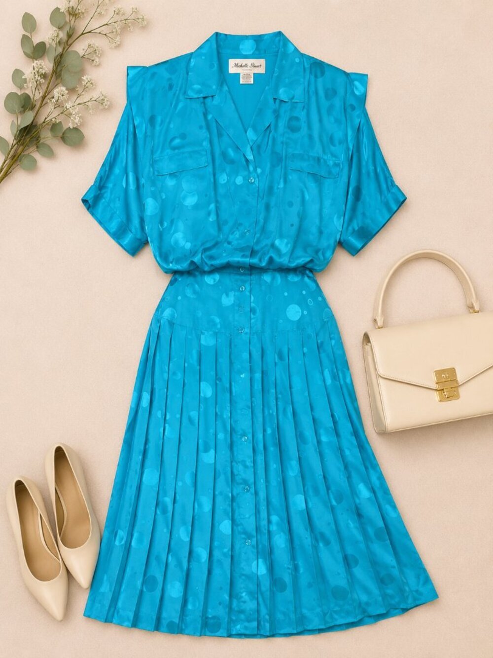 Vintage Michelle Stuart Turquoise Polka Dot Dress Retro 80s Secretary Dress Size